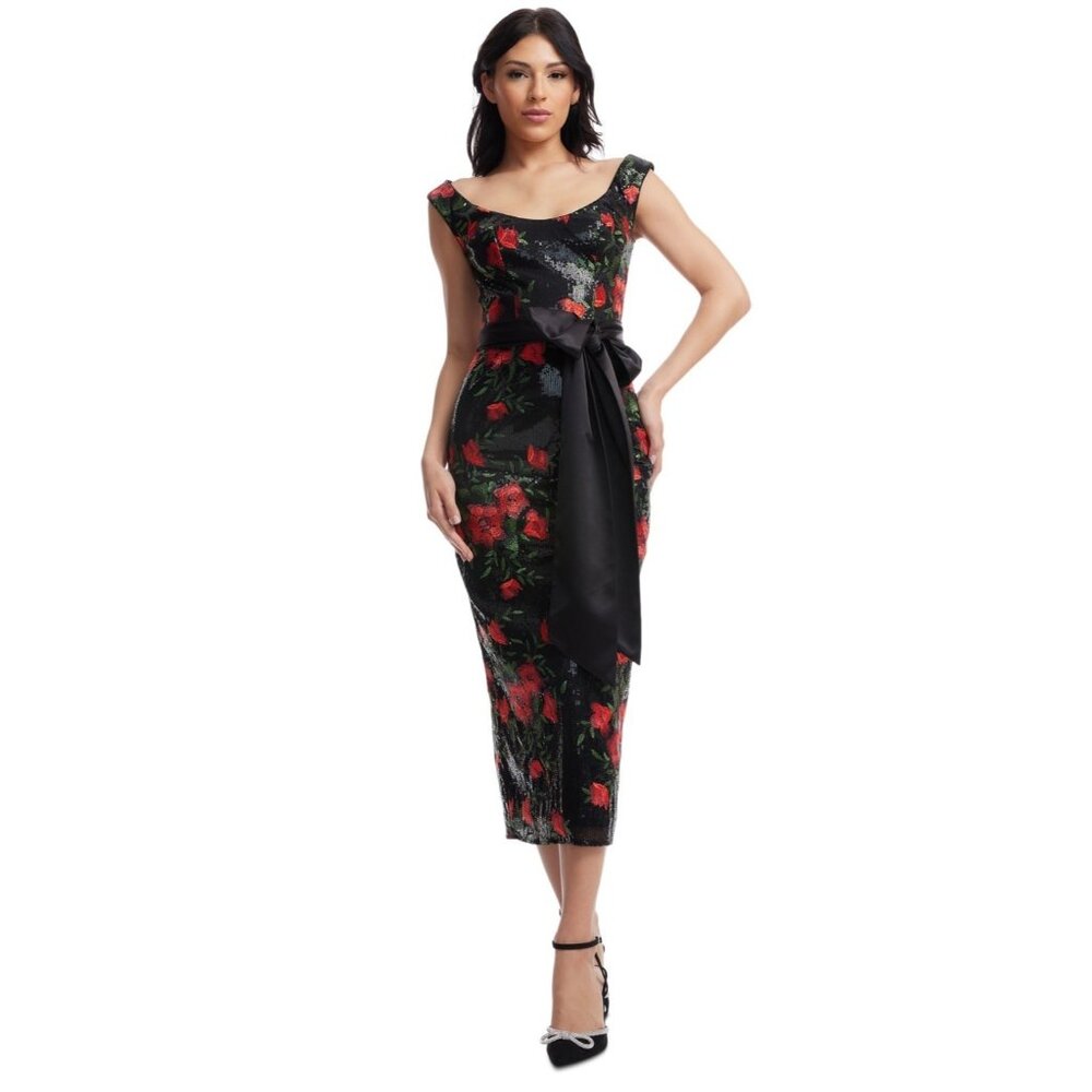 Dress the Population Women's Dottie Midi Dress Black Red Size M MSRP $358